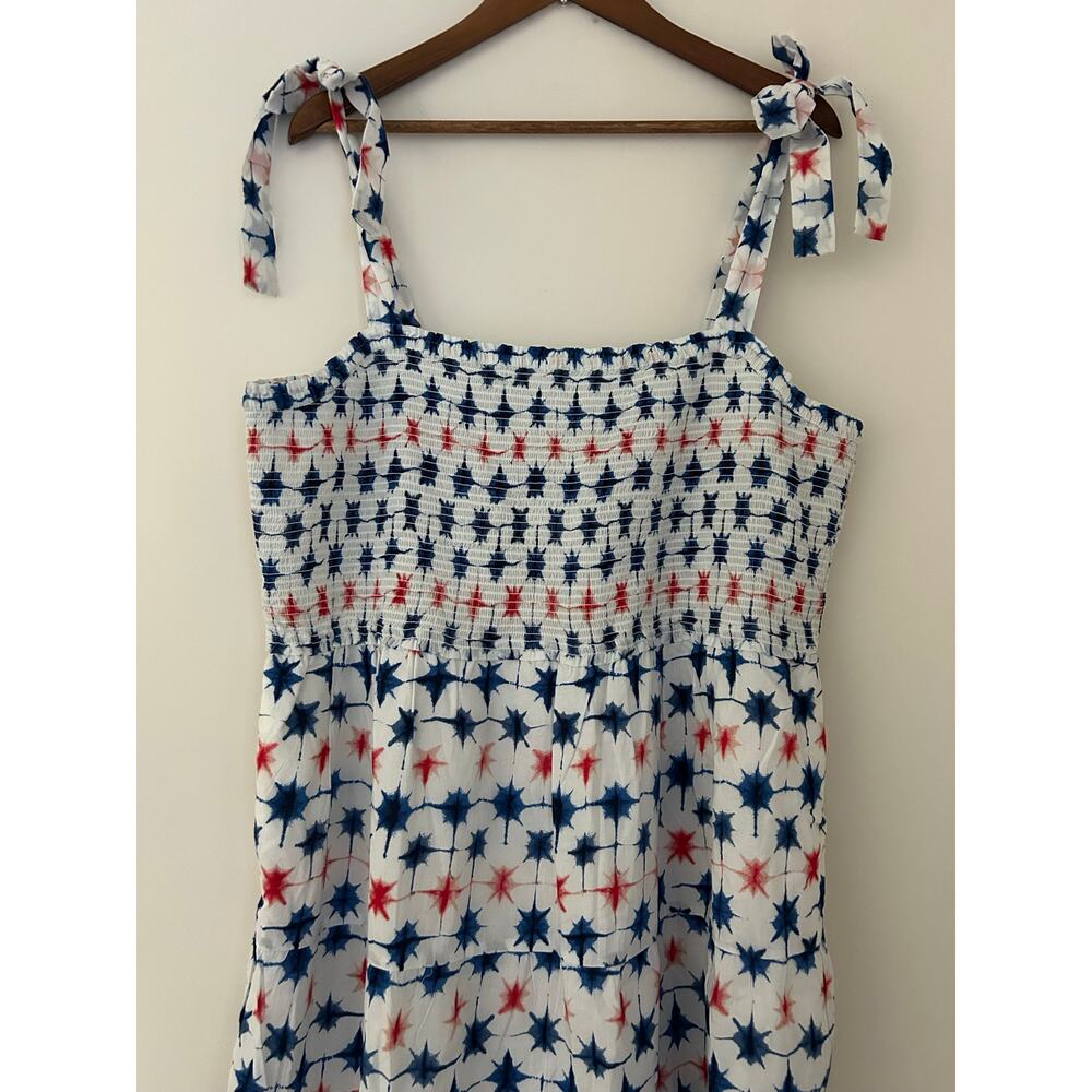 J Crew Red White Blue Maxi Tiered Smocked Tie Shoulder Dress Cotton Fireworks 2X - Picture 2 of 11